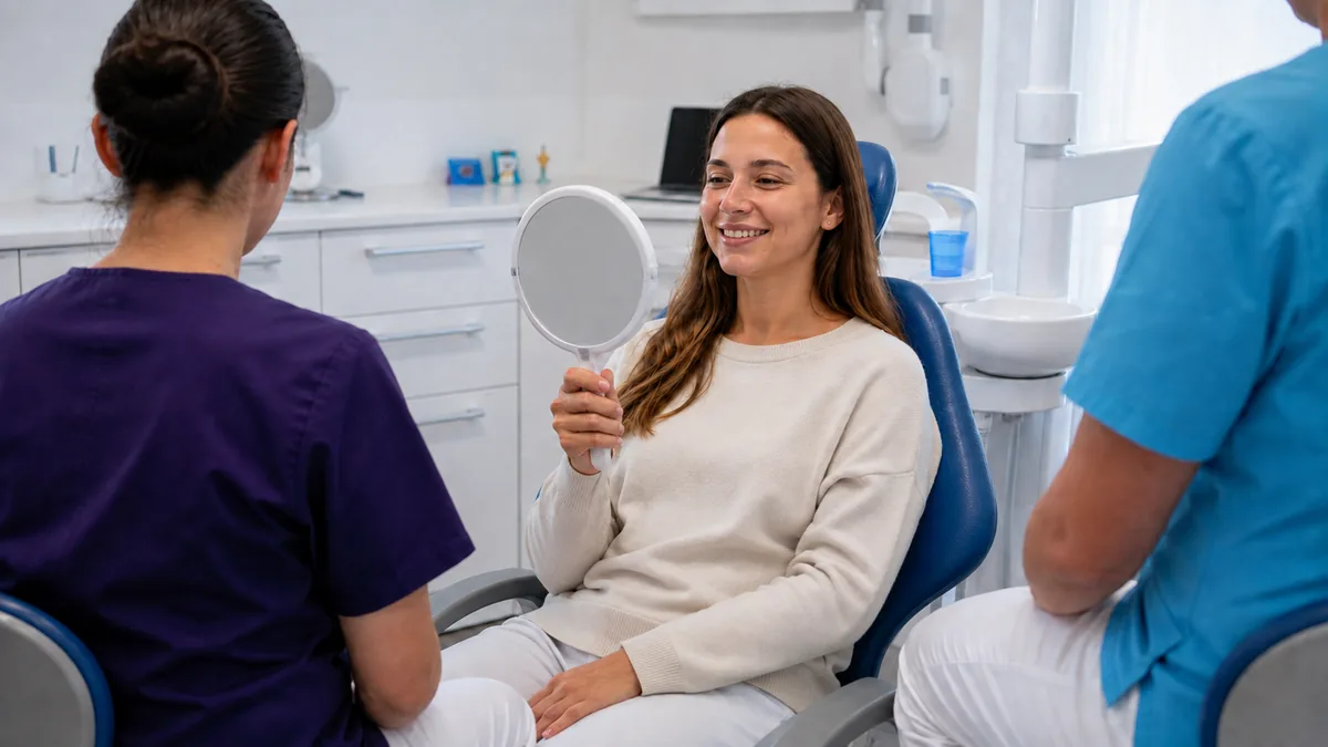 Paziente che osserva il proprio sorriso allo specchio nello studio SD